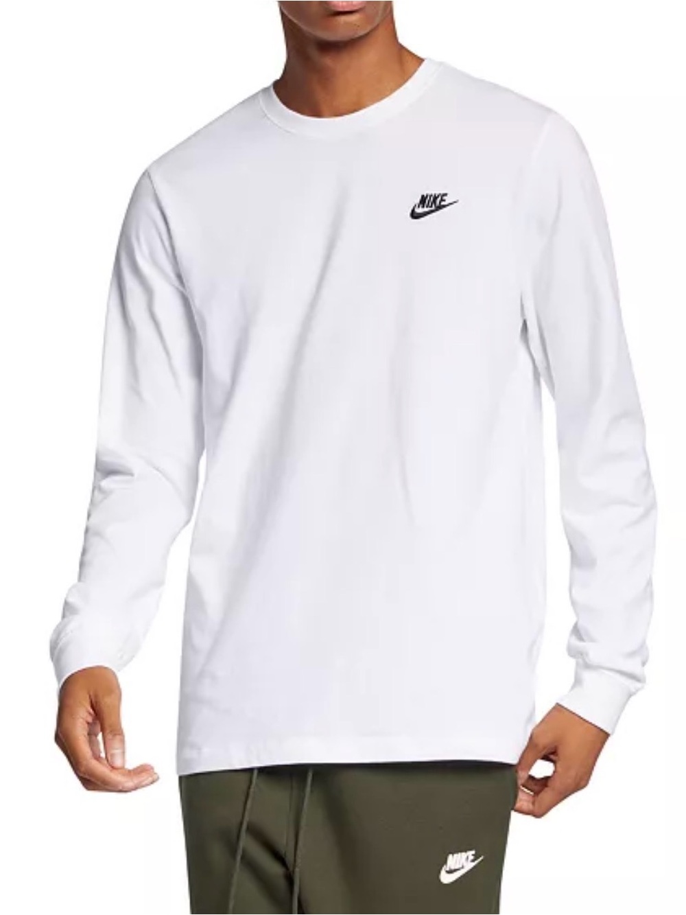 Nike White Long-Sleeve Crew with Black Swoosh Chest Logo